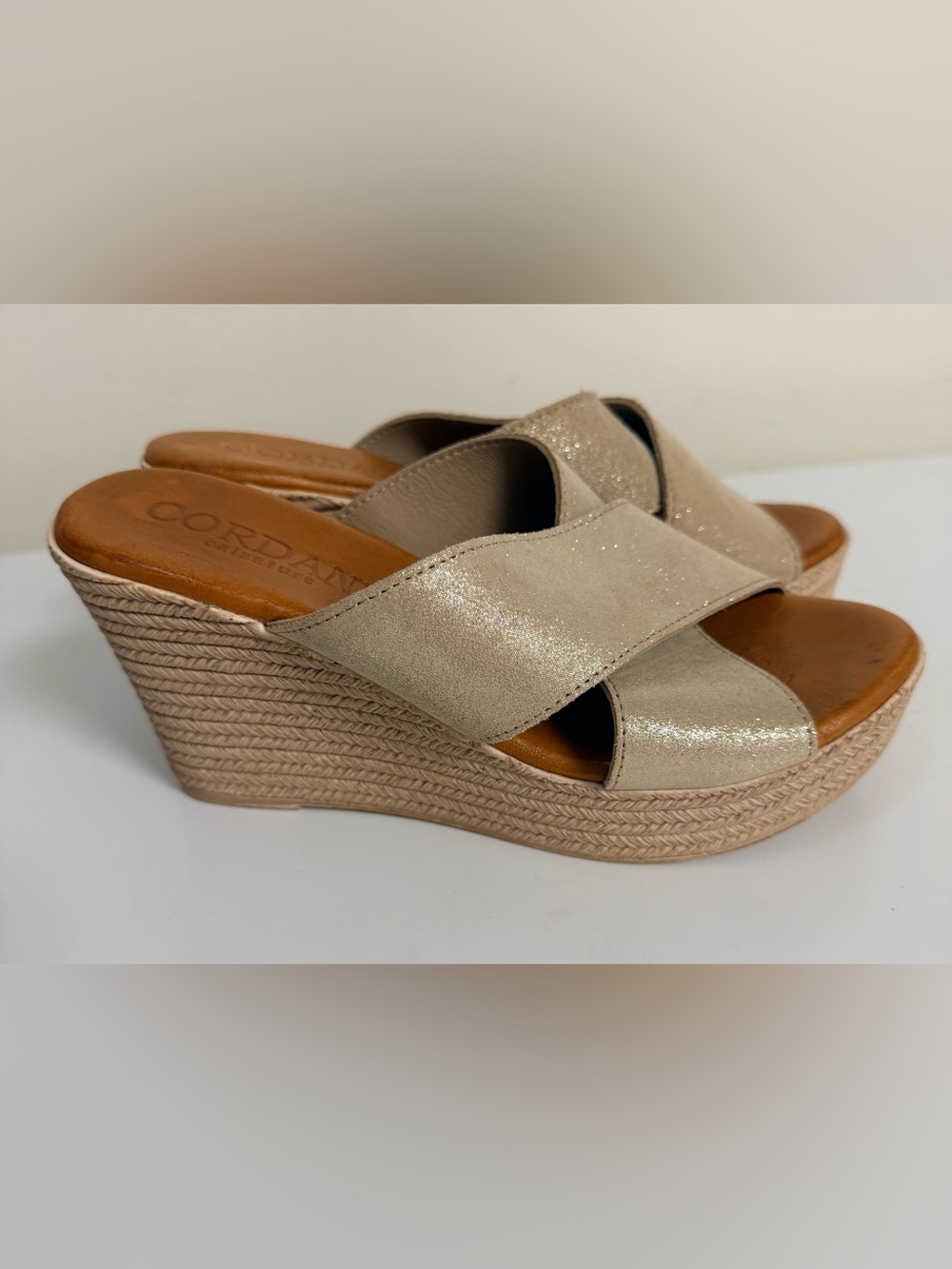Cordani Bella espadrille wedge sandals crisscross suede straps subtle shimmer 6